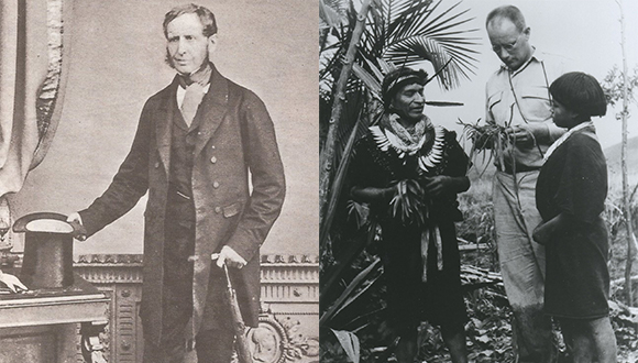 El comandant del Beagle, Robert FitzRoy, en un retrat d'abans de 1865 (esquerra). Richard Evan Schultes amb indígenes de l'Amazònia, el 1940. Font: Wikipedia