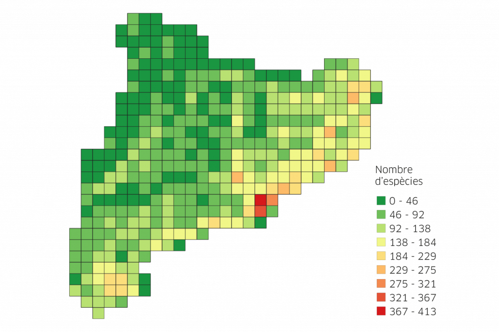 Riquesa total d’espècies exòtiques a Catalunya (2021) per quadrats de 10×10 km. Font: EXOCAT.